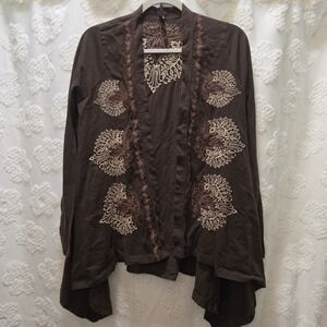 Stetson Womens Brown Embroidered Open Front Cardigan Cotton Boho Small Western